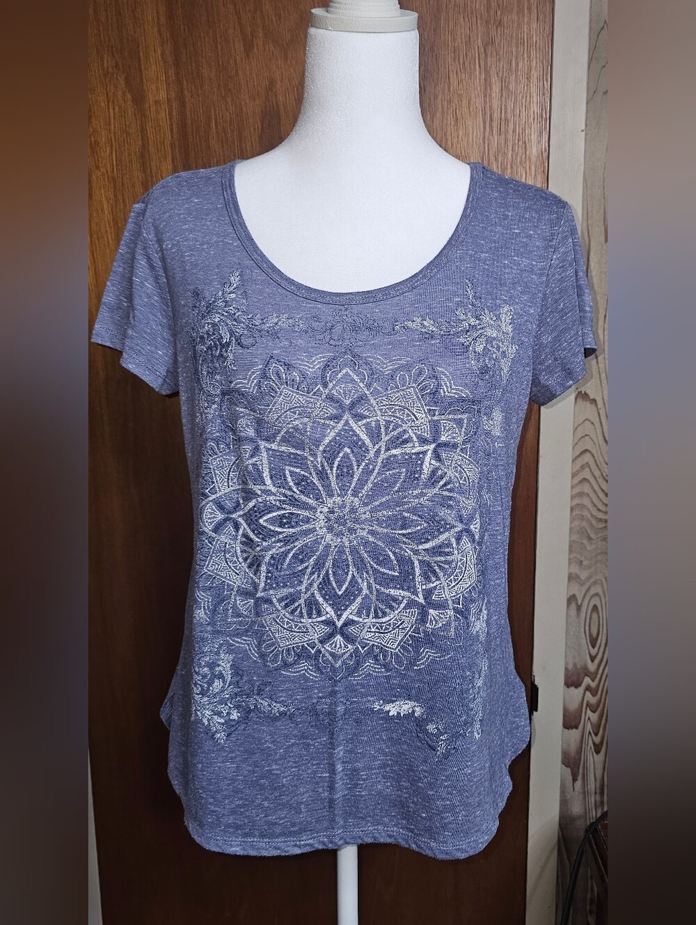 Style & Co. Heather Blue Short Sleeve Petite  Tee with Metallic Mandala